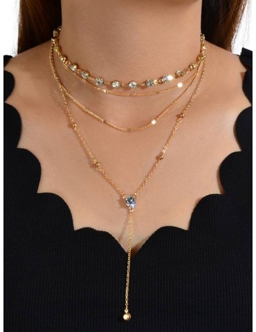 2Pcs Rhinestone Chain Layered Necklace Set - Gold