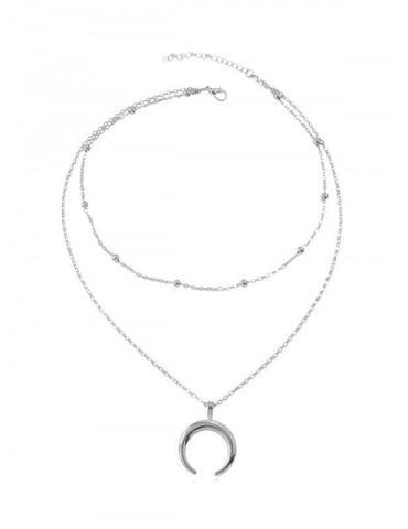 Beach Crescent Moon Pendant Chain Necklace - Silver