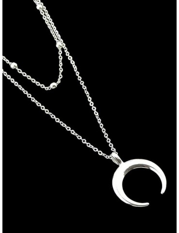 Beach Crescent Moon Pendant Chain Necklace - Silver