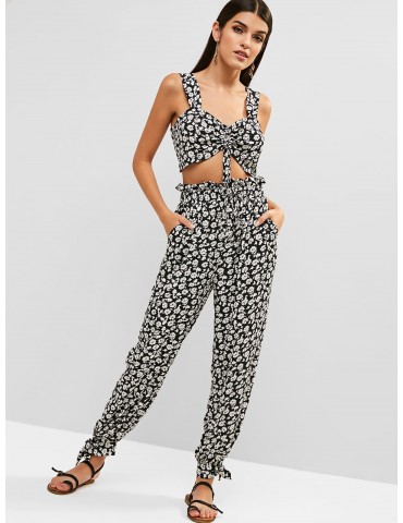  Cinched Floral Top And Jogger Pants Set - Black S