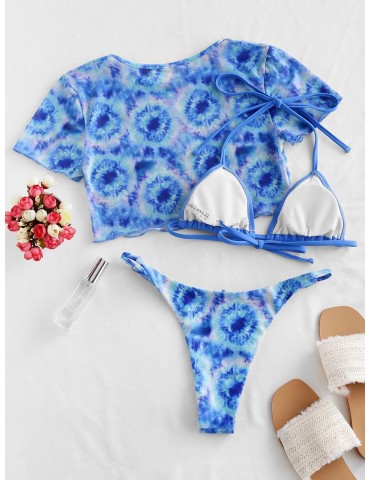  Mesh Tie Dye Halter String Three Piece Bikini Swimsuit - Dodger Blue M