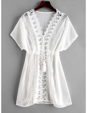 Crochet Plunging Batwing Sleeve Cover Up Dress - Milk White