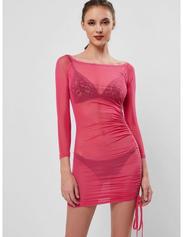 Cinched Side Sheer Mesh Off Shoulder Mini Dress - Blush Red L