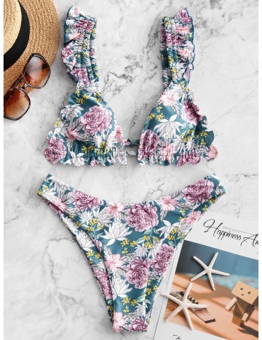  Flower Ruffle High Leg Bikini Swimsuit - Multi-a S