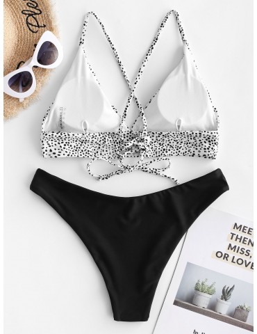  Dalmatian Dot Crisscross High Leg Bikini Swimsuit - Black S