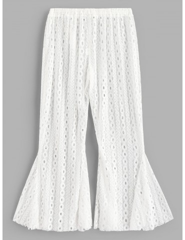 Flare Bottom Sheer Lace Beach Pants - White Xl