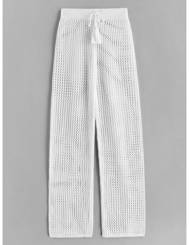 Drawstring Crochet Straight Pants - White