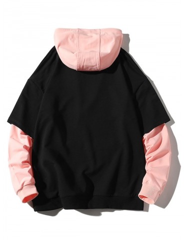 Chinese Embroidery Colorblock Faux Twinset Drawstring Hoodie - Black L