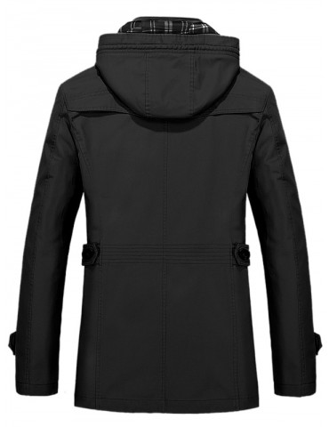 Buttons Zip Hooded Trench Coat - Black L