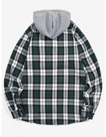 Checked Print Pockets Button Up Hooded Shirt - Green Xl