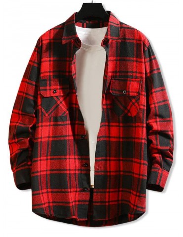 Chest Pocket Plaid High Low Button Shirt - Red L