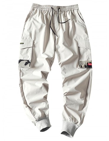 Camouflage Patched Pockets Drawstring Cargo Pants - Light Gray 2xl
