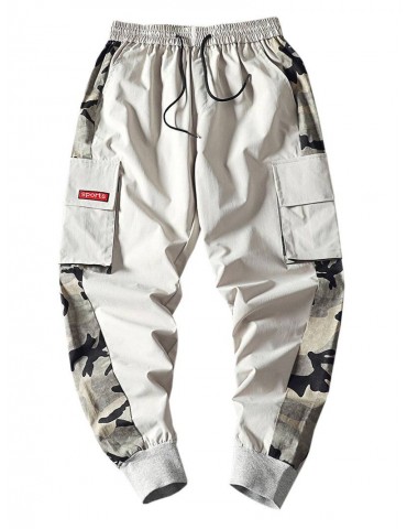 Camouflage Print Splicing Applique Flap Pocket Jogger Pants - Light Gray S