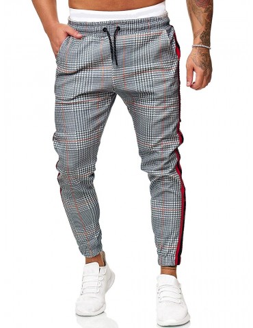 Drawstring Houndstooth Print Contrast Striped Jogger Pants - Light Gray 2xl