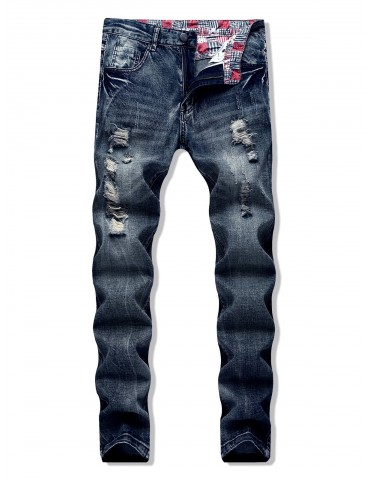 Destroy Wash Scratch Long Straight Jeans - Jeans Blue 32