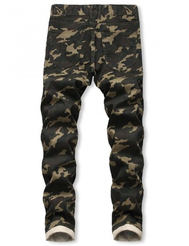 Camo Pattern Zipper Fly Casual Jeans - Army Green 36