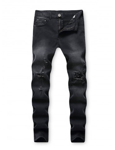 Destroy Wash Ripped Back Pocket Long Jeans - Black 32