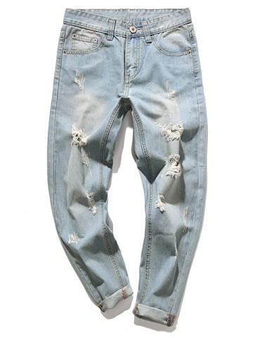 Destroy Wash Faded Scratch Long Straight Casual Jeans - Baby Blue 32