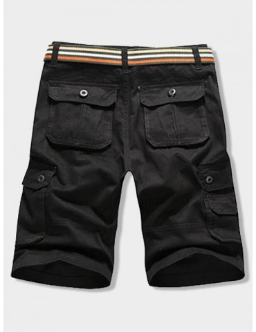 Button Flap Pocket Solid Color Zipper Fly Shorts - Black 32