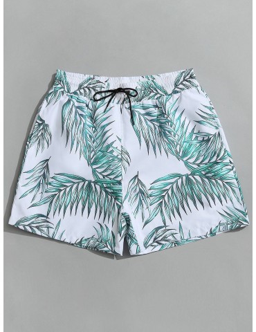Drawstring Leaf Print Beach Board Shorts - White M