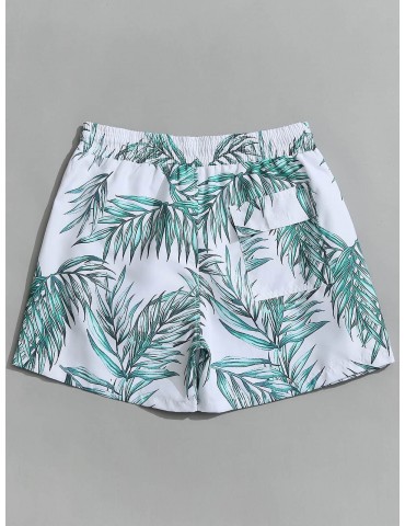 Drawstring Leaf Print Beach Board Shorts - White M