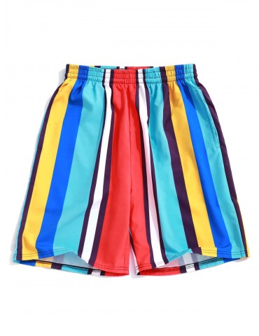 Colorful Striped Print Board Shorts - Blue Zircon Xl