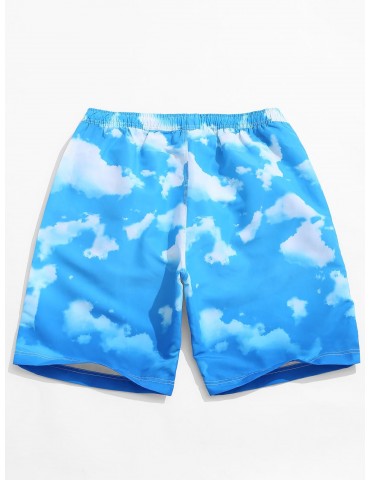 Blue Sky Cloud Print Beach Casual Shorts - Deep Sky Blue M