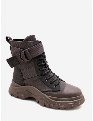 Belted Accent Canvas Cargo Boots - Gray Eu 43