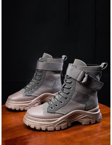 Belted Accent Canvas Cargo Boots - Gray Eu 43